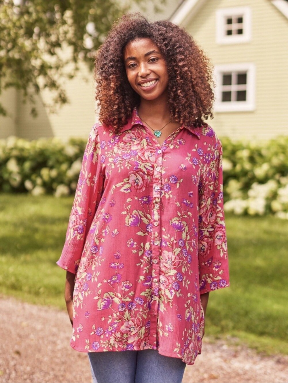 April Cornell Tropic Bouquet Tunic Button Up Top Roll Tab Sleeves Oversized Sm
